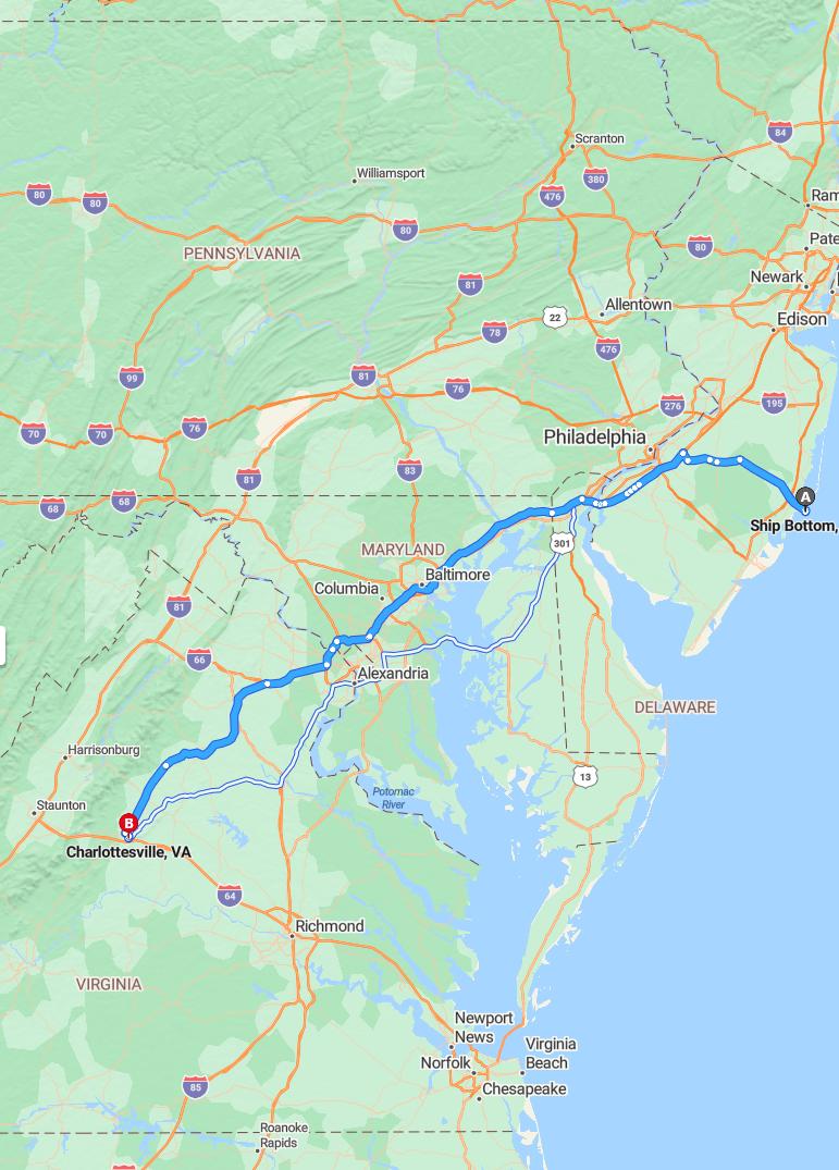 driving from Ship Bottom, New Jersey to CharlottesvilleVirginia - map and route