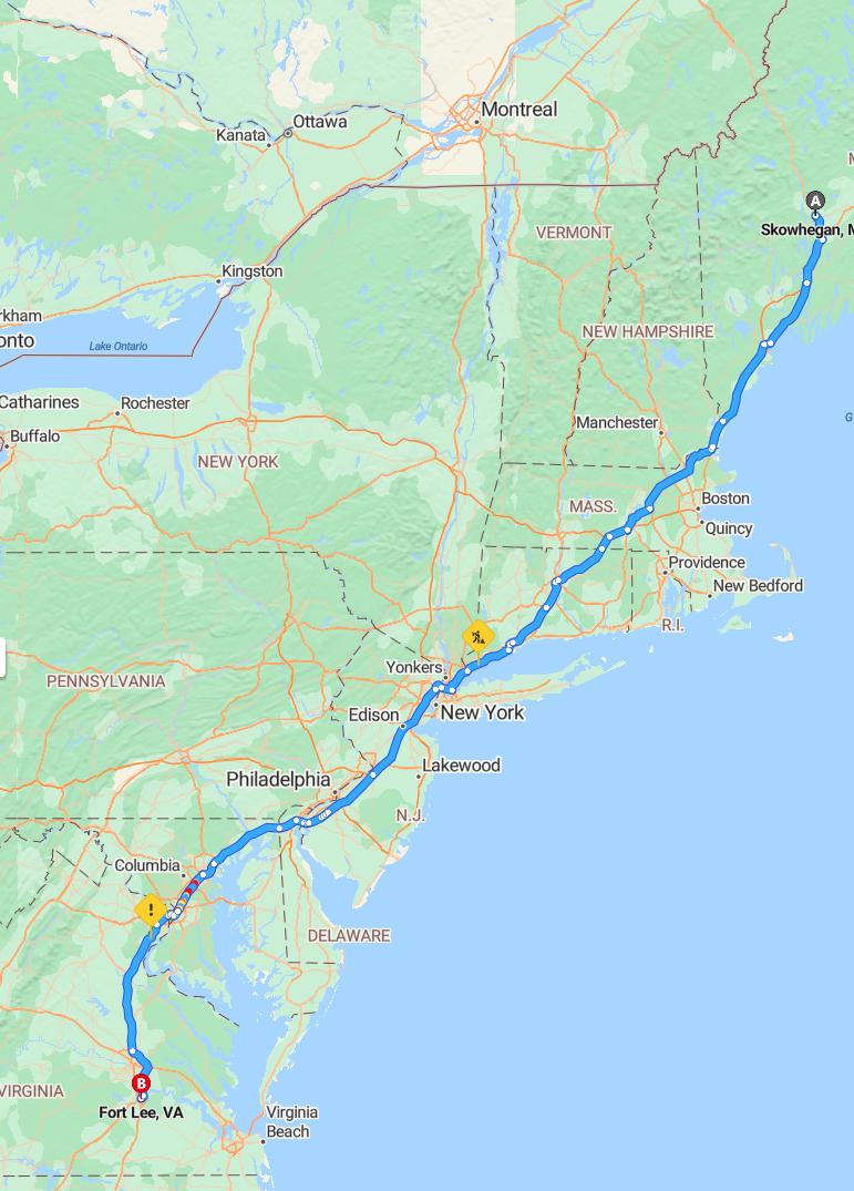 driving from Showhegan, Maine to Fort LeeVirginia - map and route