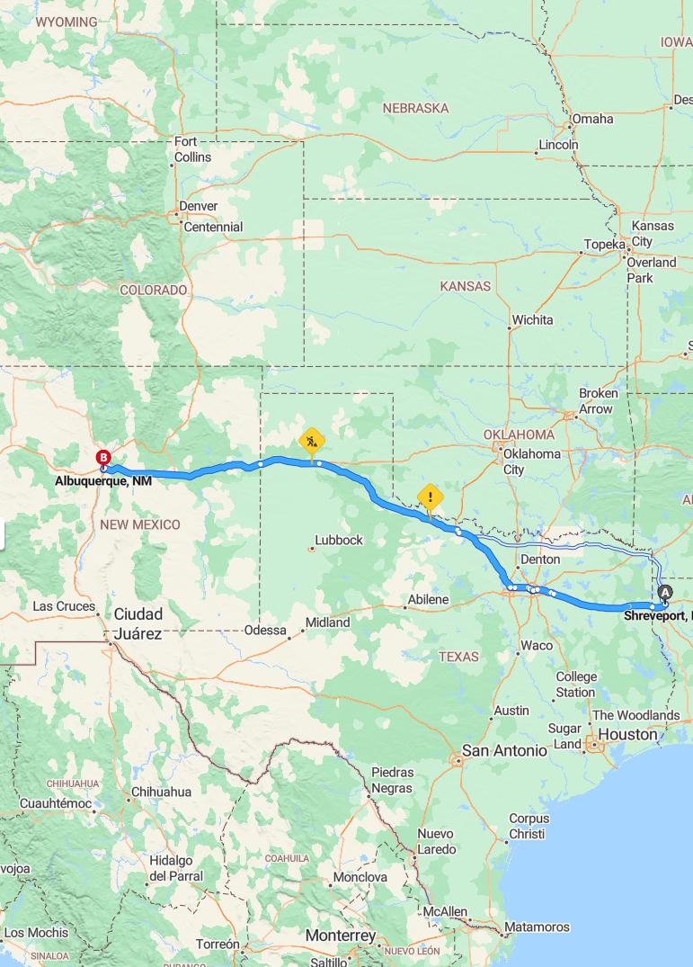driving from Shreveport, Louisiana to AlbuquerqueNew Mexico - map and route