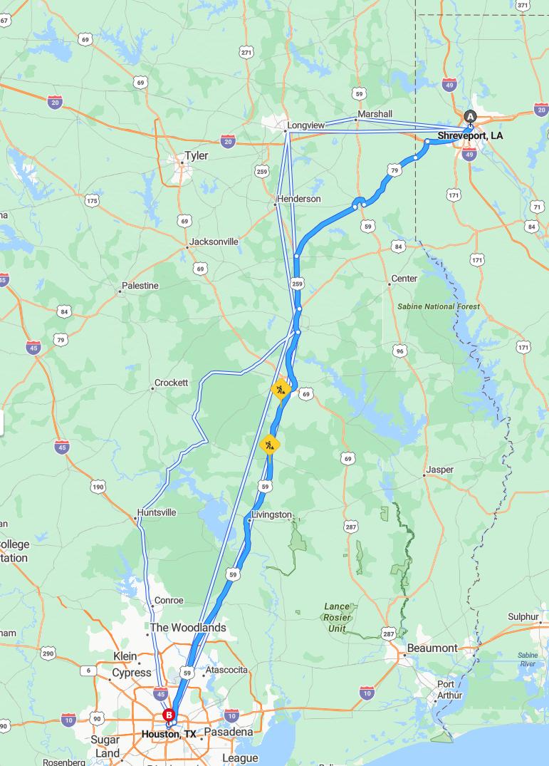 driving from Shreveport, Louisiana to HoustonTexas - map and route