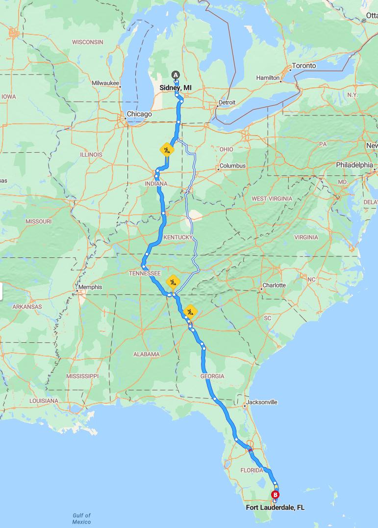 driving from Sidney, Michigan to Fort LauderdaleFlorida - map and route