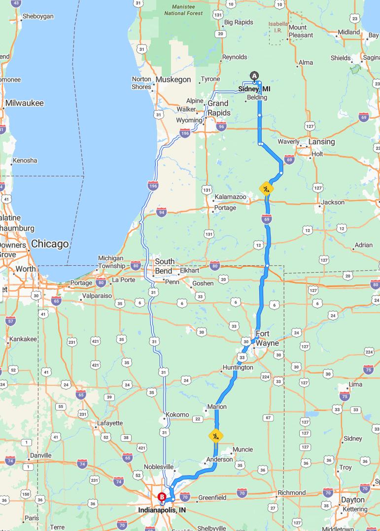 driving from Sidney, Michigan to IndianapolisIndiana - map and route