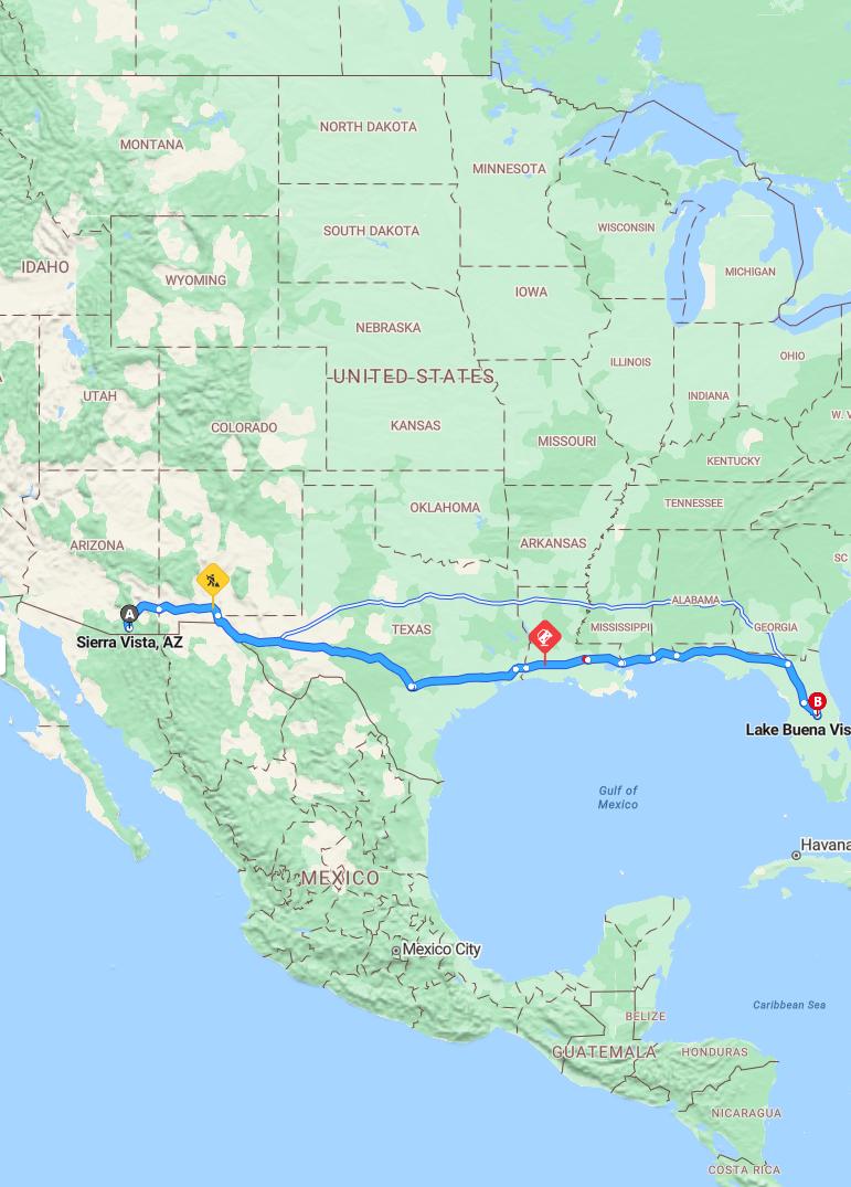 driving from Sierra Vista, Arizona to Lake Buena VistaFlorida - map and route