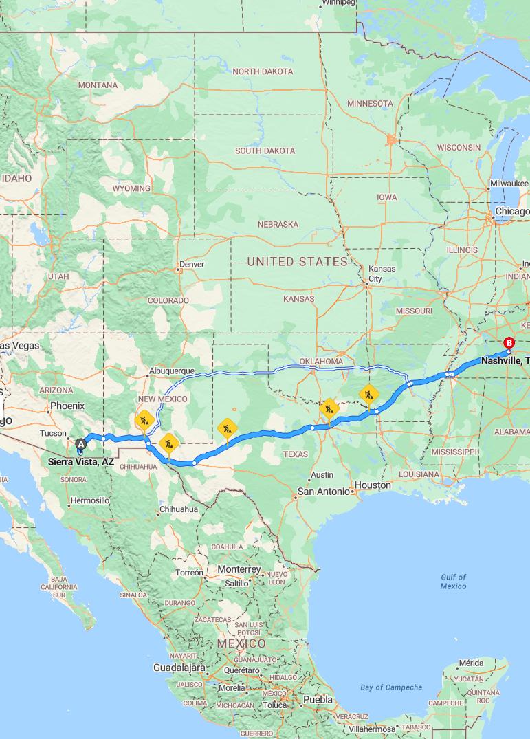 driving from Sierra Vista, Arizona to NashvilleTennessee - map and route