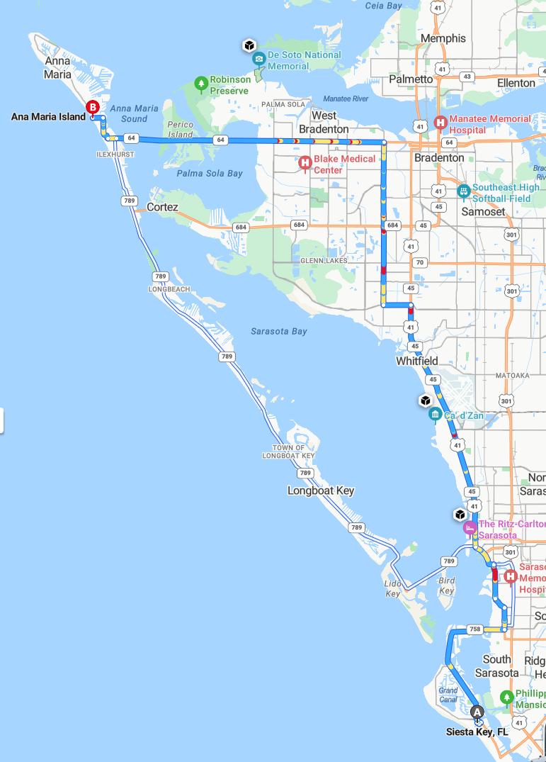 driving from Siesta Key, Florida to Anna Maria IslandFlorida - map and route