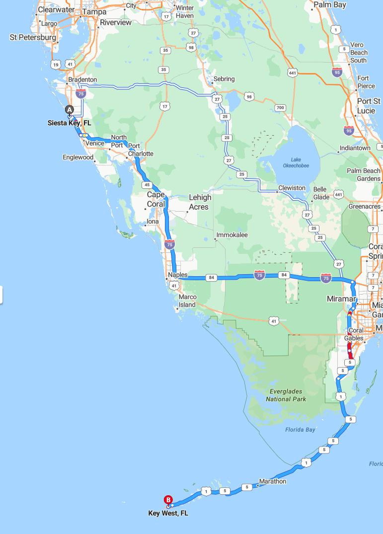 driving from Siesta Key, Florida to Key WestFlorida - map and route