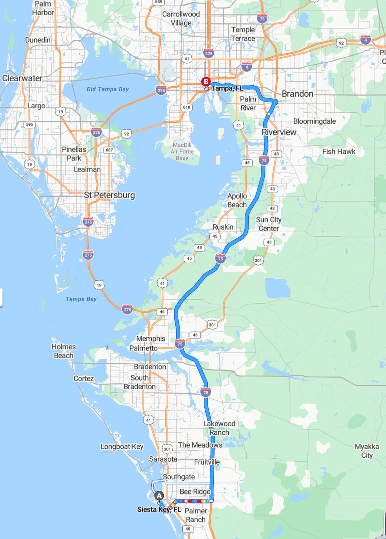 driving from Siesta Key, Florida to TampaFlorida - map and route