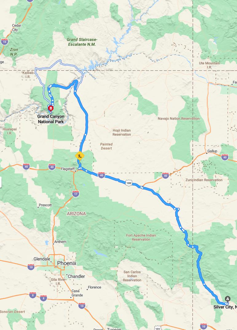 driving from Silver City, New Mexico to Grand CanyonArizona - map and route
