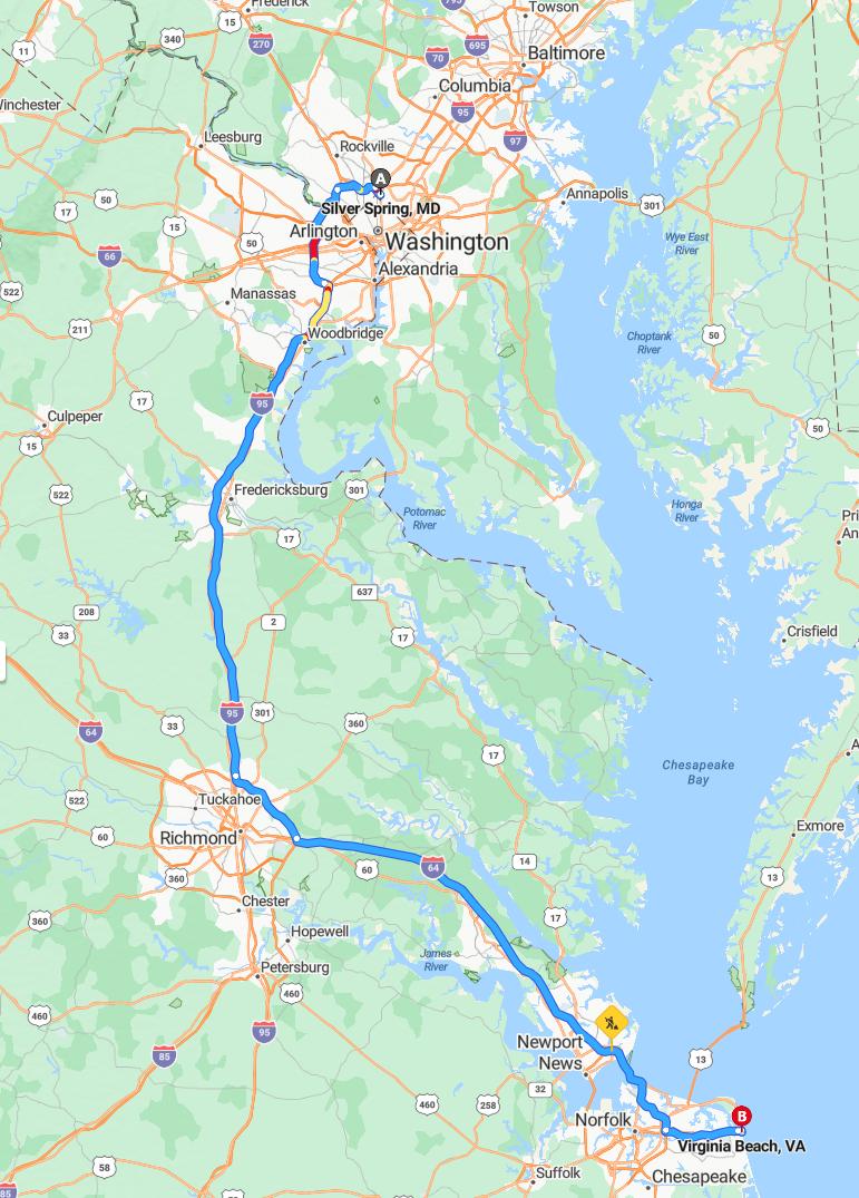 driving from Silver Spring, Maryland to Virginia BeachVirginia - map and route