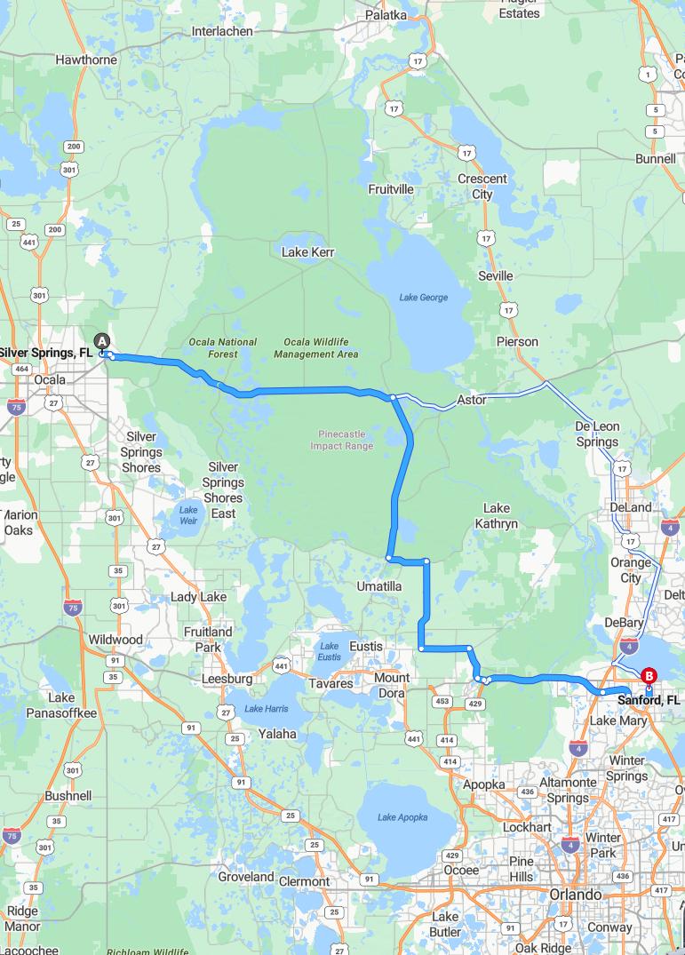 driving from Silver Springs, Florida to SanfordFlorida - map and route