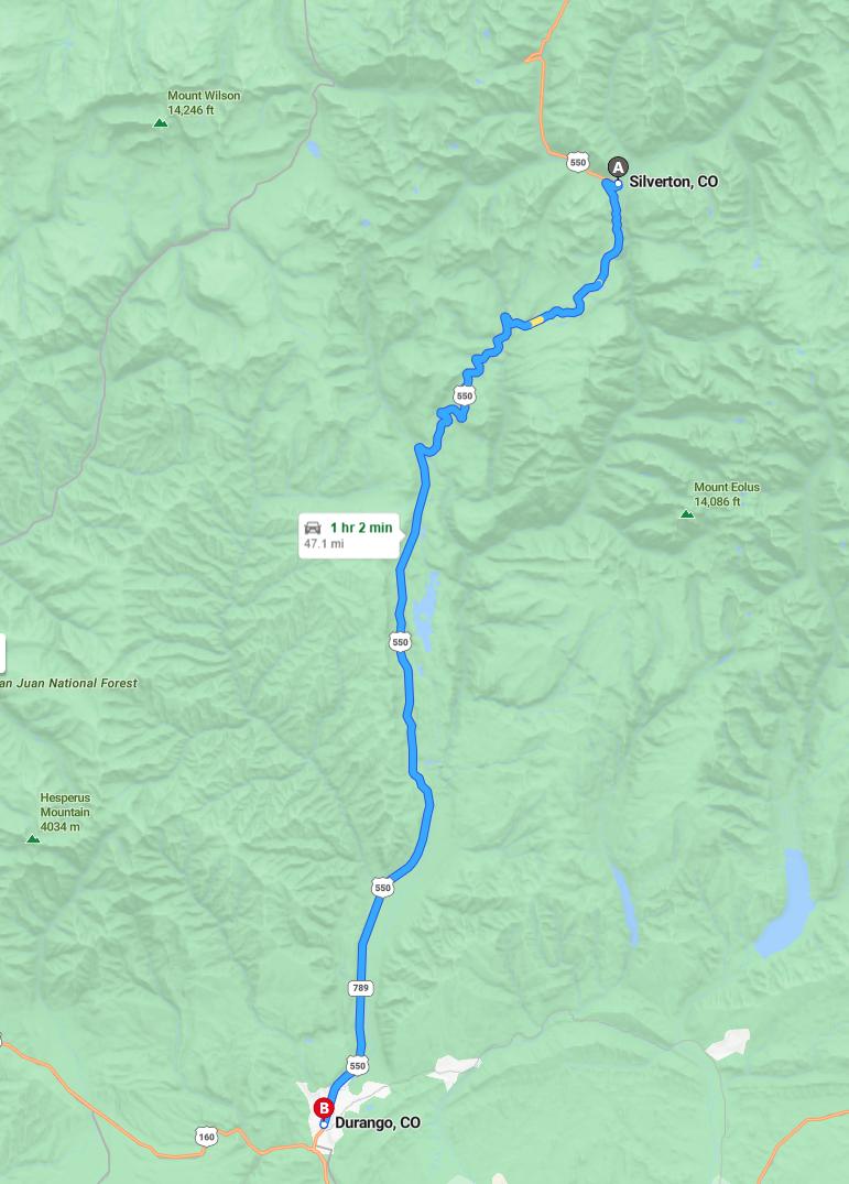 driving from Silverton, Colorado to DurangoColorado - map and route