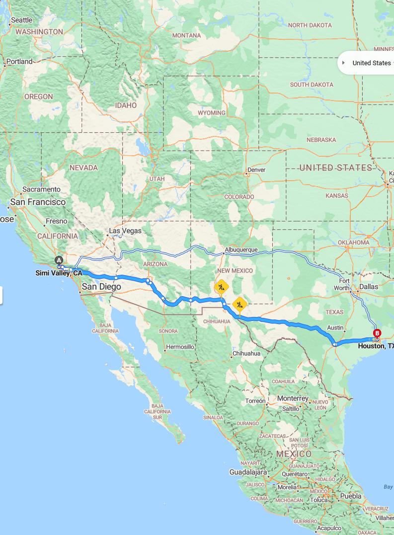 driving from Simi Valley, California to HoustonTexas - map and route
