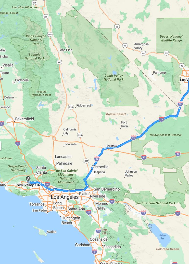 driving from Simi Valley, California to Las VegasNevada - map and route