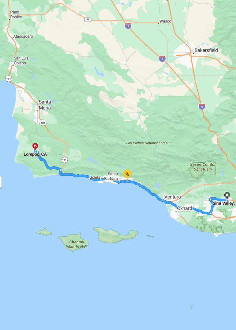 driving from Simi Valley, California to LompocCalifornia - map and route