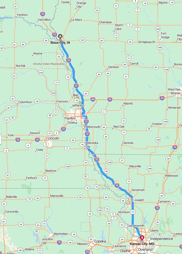 driving from Sioux City, Iowa to Kansas CityMissouri - map and route