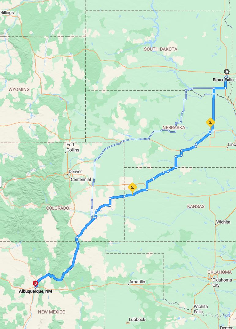 driving from Sioux Falls, South Dakota to AlbuquerqueNew Mexico - map and route