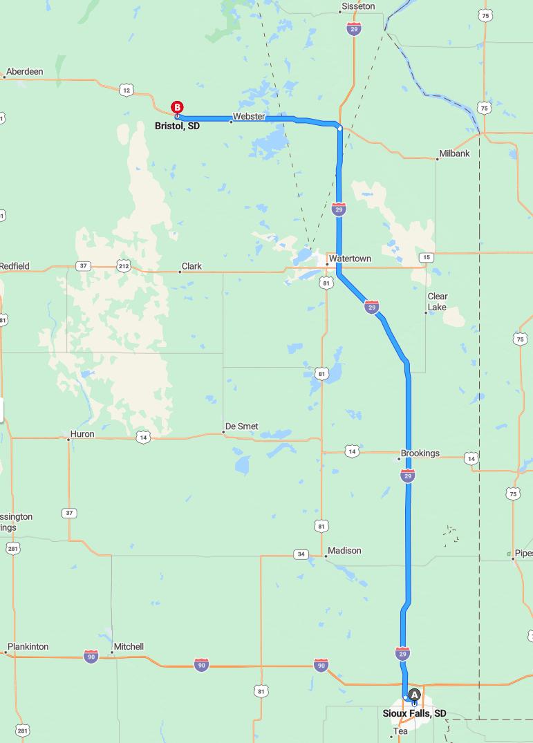 driving from Sioux Falls, South Dakota to BristolSouth Dakota - map and route