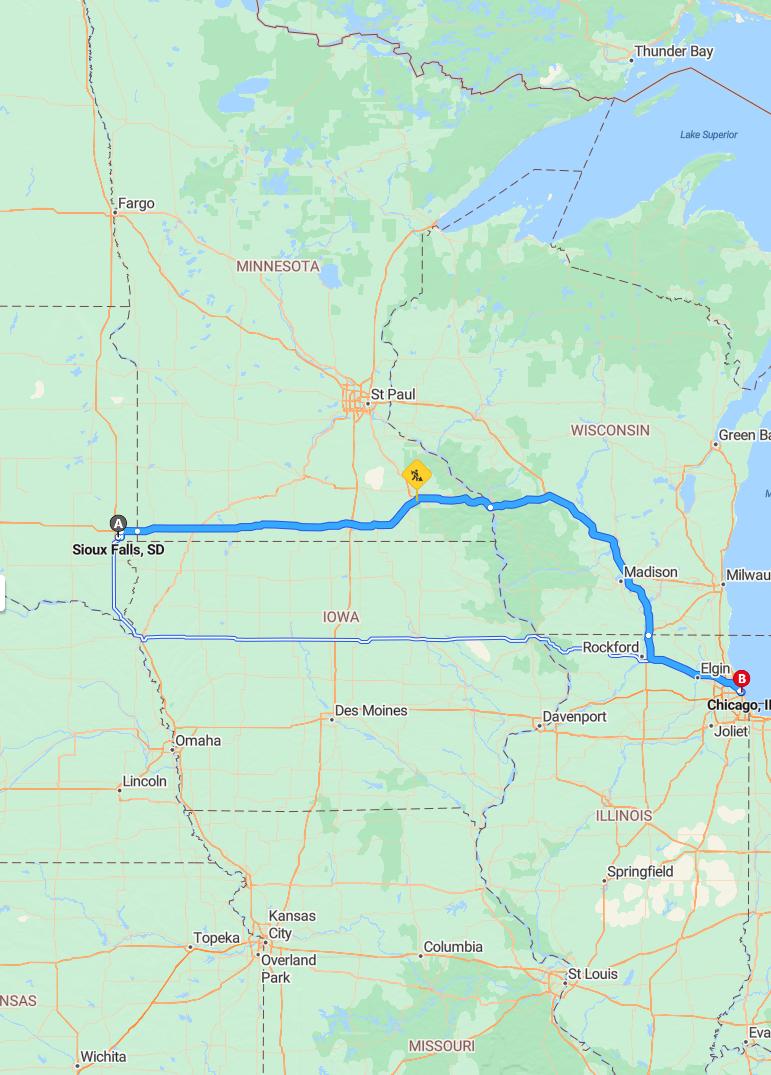 driving from Sioux Falls, South Dakota to ChicagoIllinois - map and route