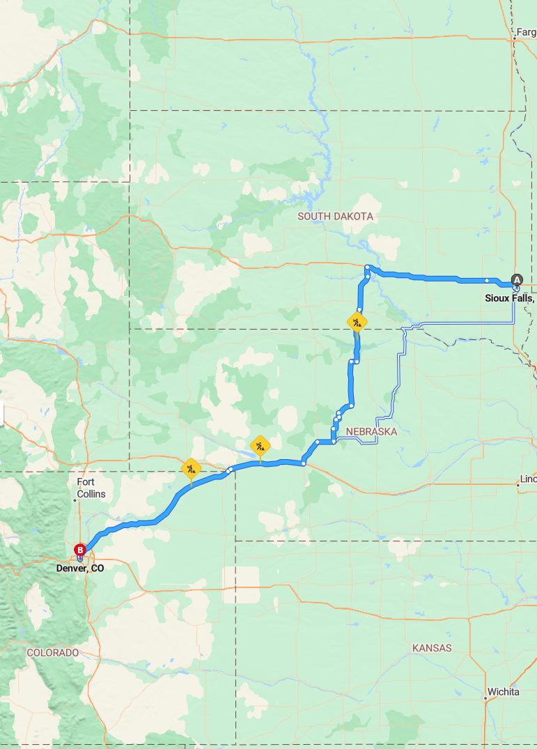 driving from Sioux Falls, South Dakota to DenverColorado - map and route