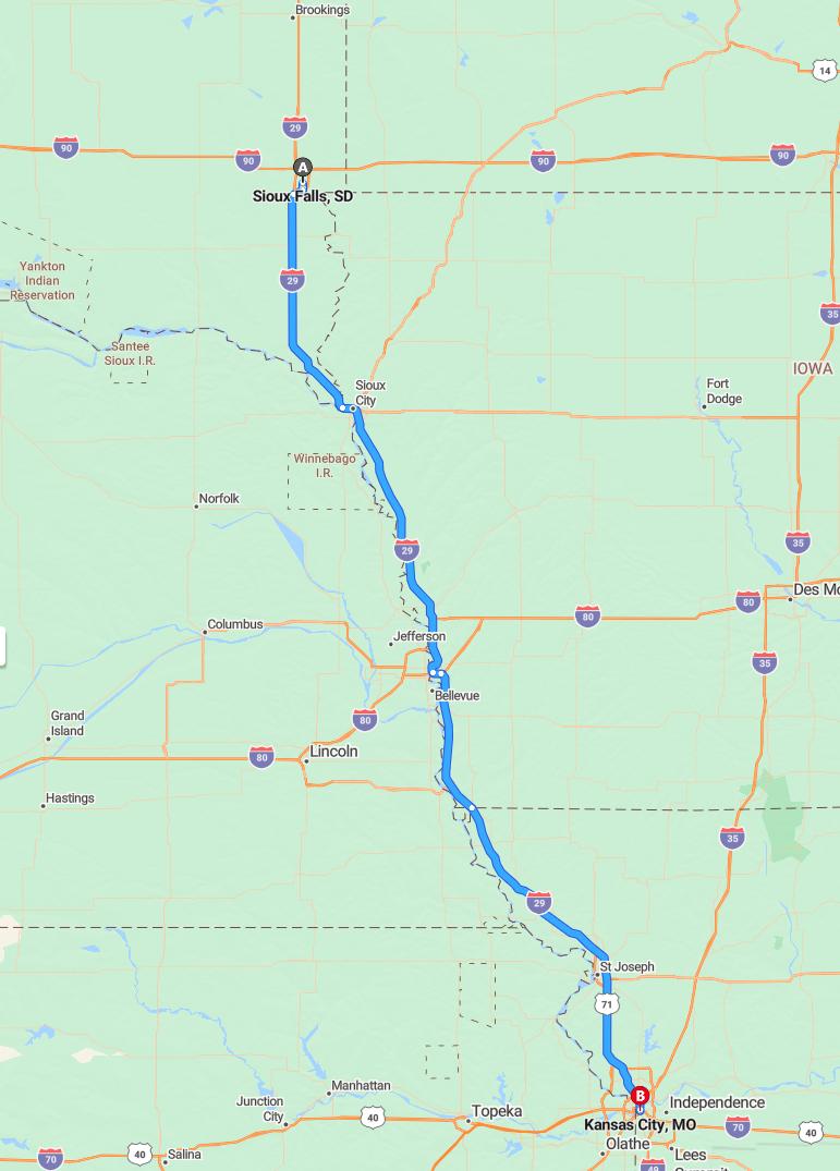 driving from Sioux Falls, South Dakota to Kansas CityMissouri - map and route