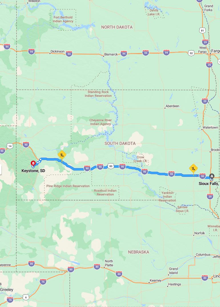 driving from Sioux Falls, South Dakota to KeystoneSouth Dakota - map and route
