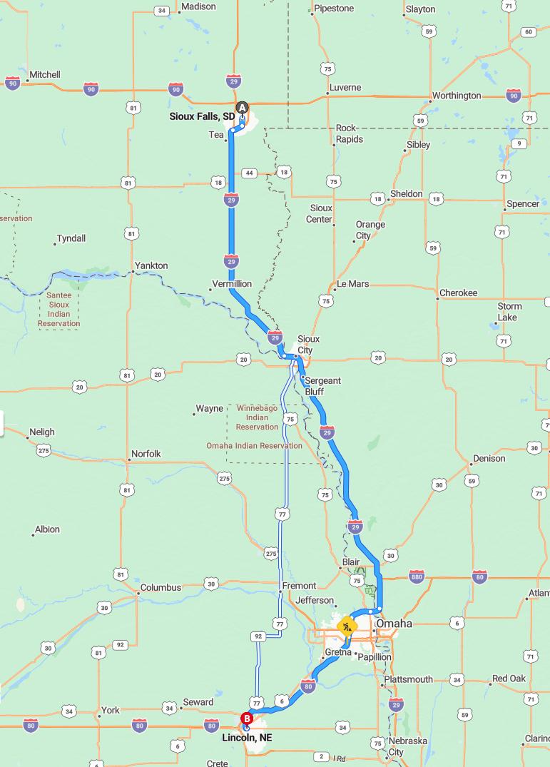 driving from Sioux Falls, South Dakota to LincolnNebraska - map and route