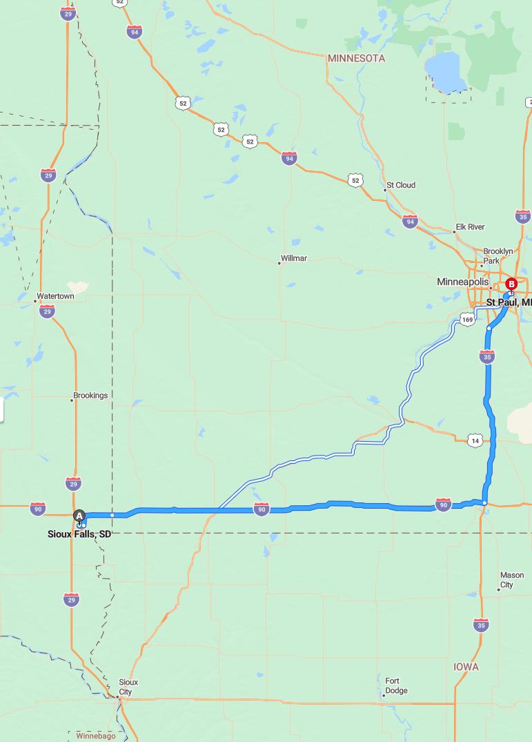 driving from Sioux Falls, South Dakota to Saint PaulMinnesota - map and route