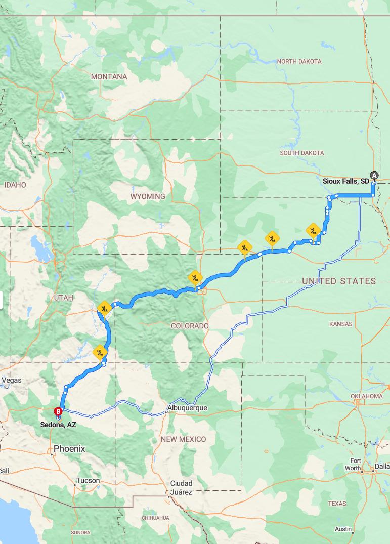 driving from Sioux Falls, South Dakota to SedonaArizona - map and route