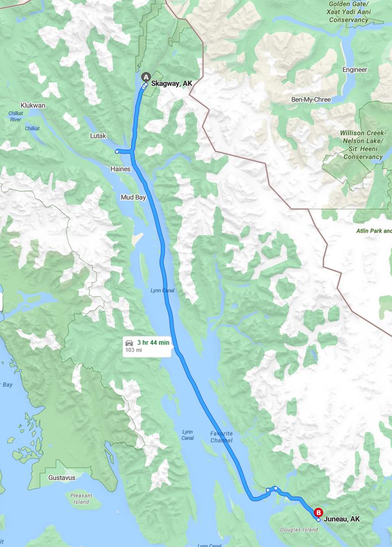driving from Skagway, Alaska to JuneauAlaska - map and route