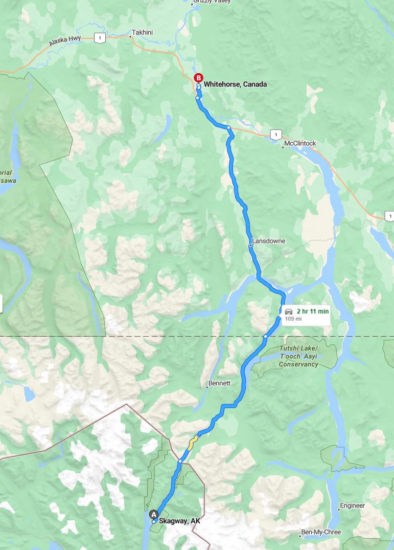 driving from Skagway, Alaska to WhitehorseYukon - map and route