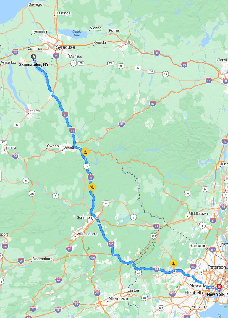 driving from Skaneateles, New York to New York CityNew York - map and route
