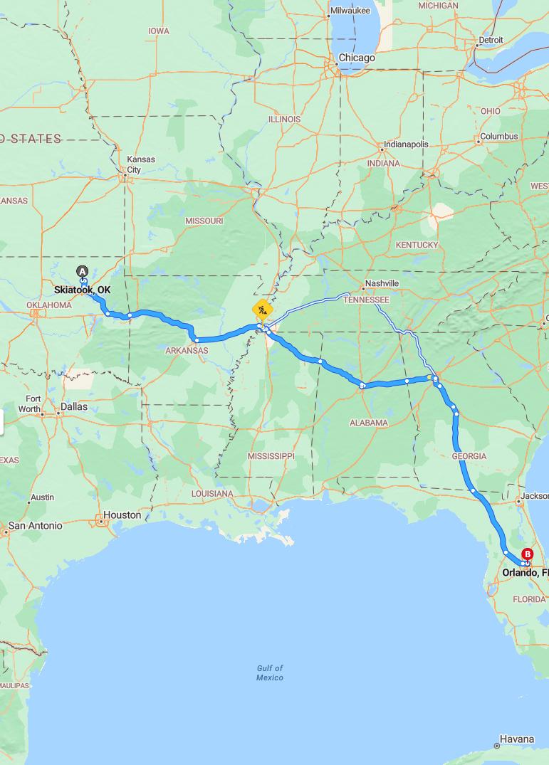 driving from Skiatook, Oklahoma to OrlandoFlorida - map and route
