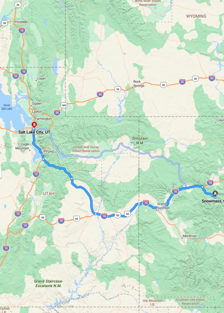 driving from Snowmass, Colorado to Salt Lake CityUtah - map and route
