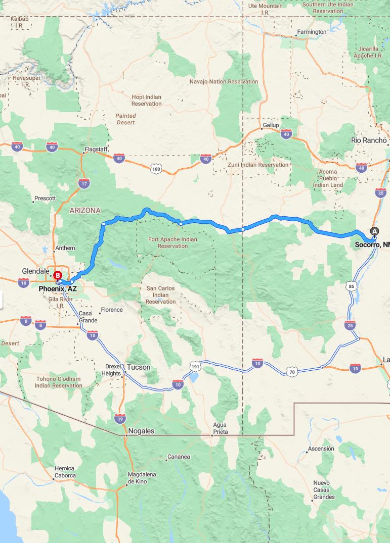 driving from Socorro, New Mexico to PhoenixArizona - map and route
