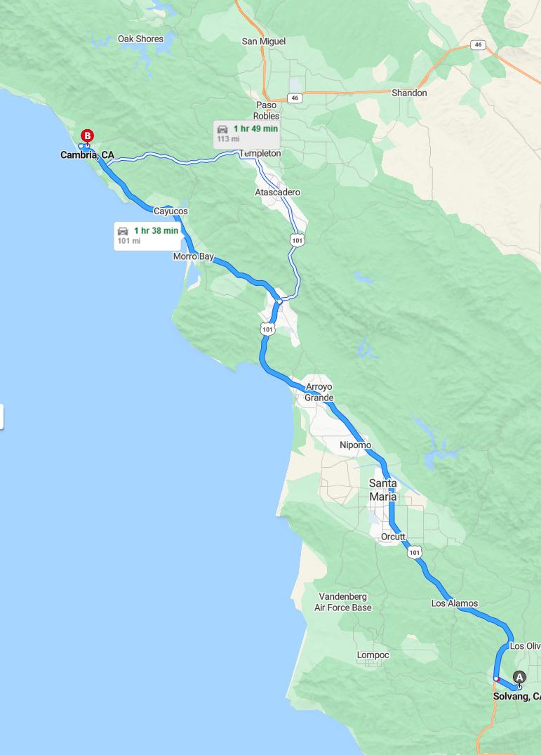 driving from Solvang, California to CambriaCalifornia - map and route