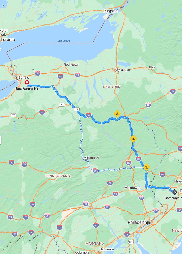 driving from Somerset, New Jersey to East AuroraNew York - map and route