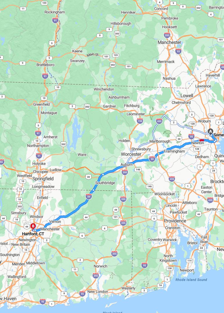 driving from Somerville, Massachusetts to HartfordConnecticut - map and route