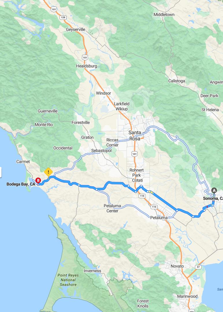 driving from Sonoma, California to Bodega BayCalifornia - map and route