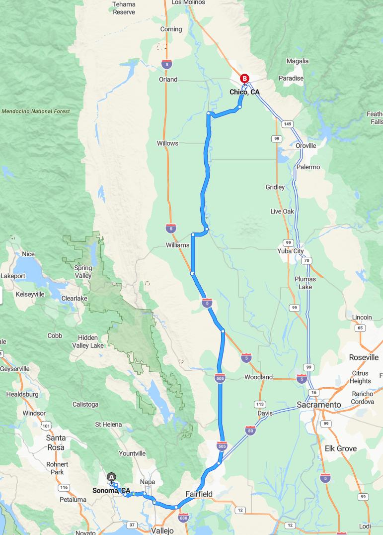 driving from Sonoma, California to ChicoCalifornia - map and route