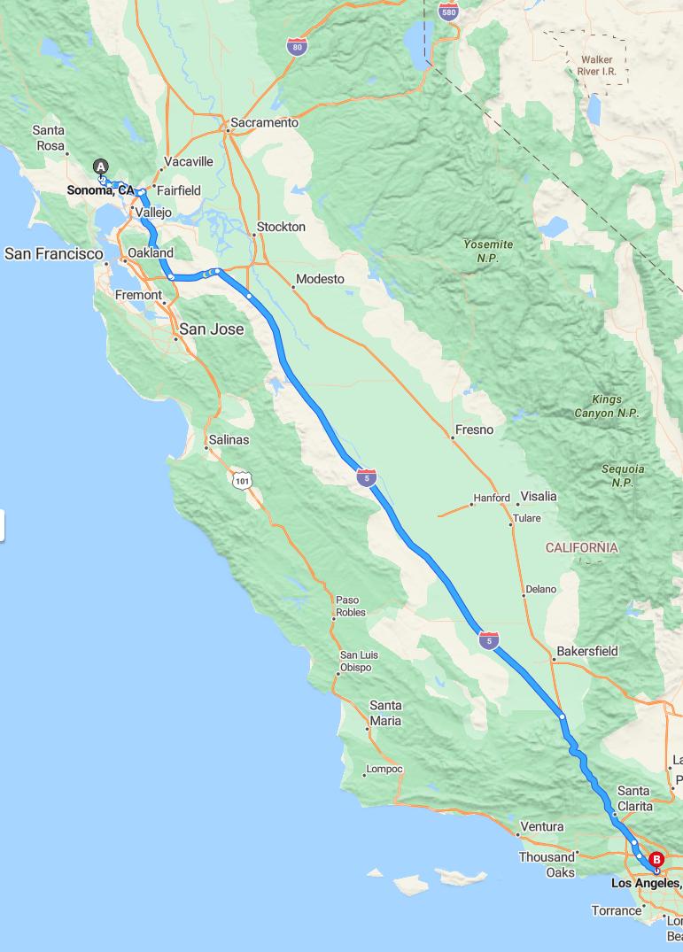driving from Sonoma, California to Los AngelesCalifornia - map and route