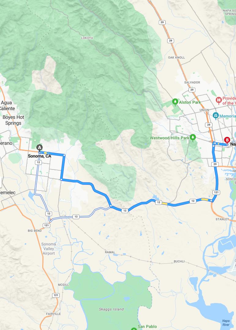 driving from Sonoma, California to NapaCalifornia - map and route