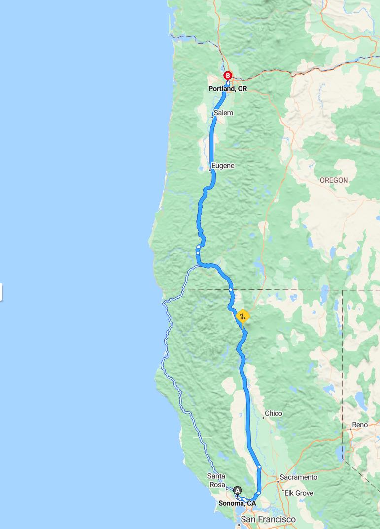 driving from Sonoma, California to PortlandOregon - map and route