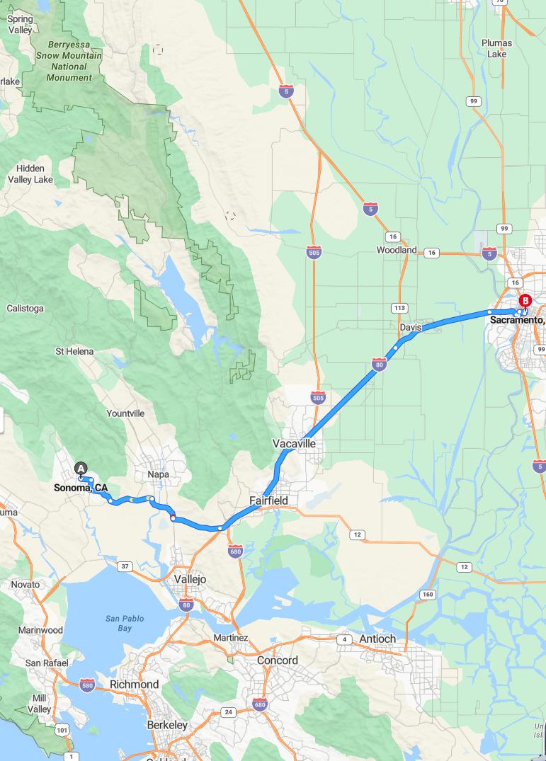 driving from Sonoma, California to SacramentoCalifornia - map and route