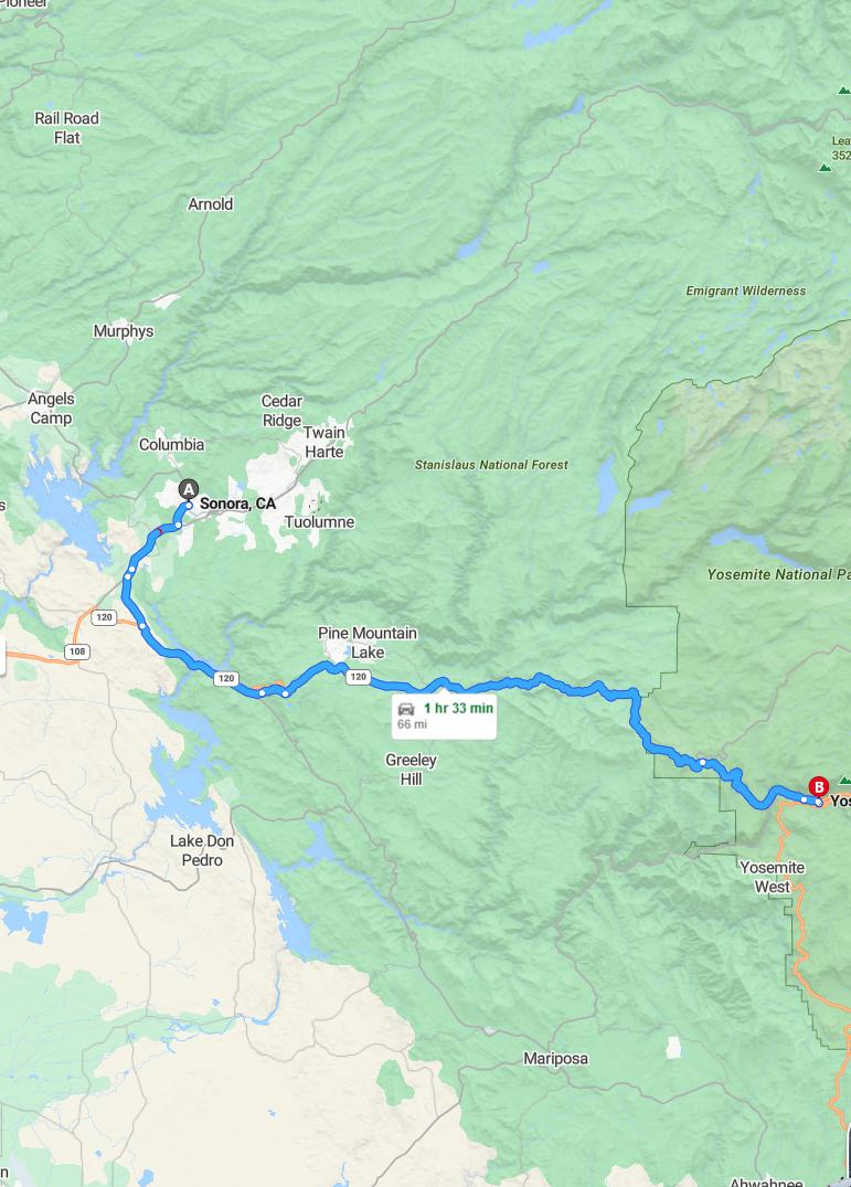 driving from Sonora, California to Yosemite ValleyCalifornia - map and route