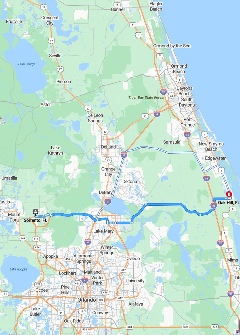 driving from Sorrento, Florida to Oak HillFlorida - map and route