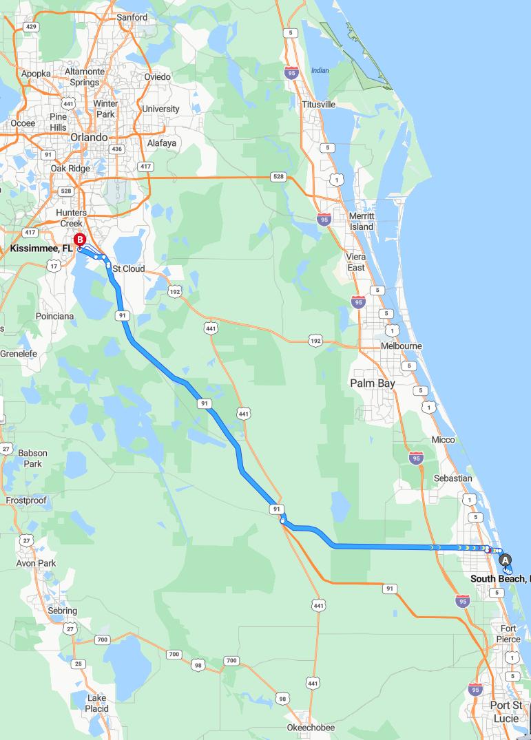 driving from South Beach, Florida to KissimmeeFlorida - map and route