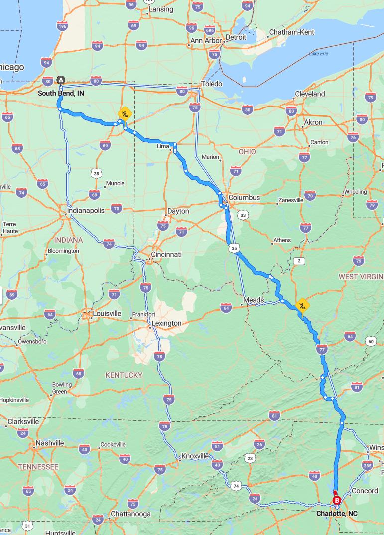 driving from South Bend, Indiana to CharlotteNorth Carolina - map and route