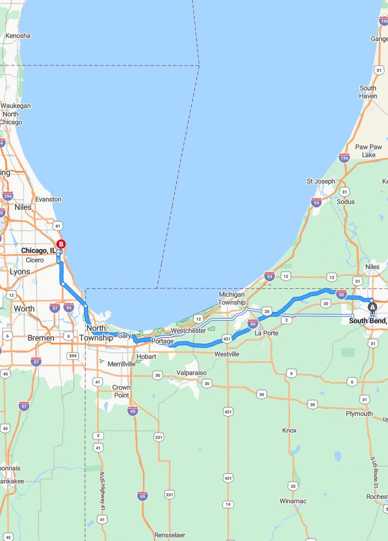 driving from South Bend, Indiana to ChicagoIllinois - map and route