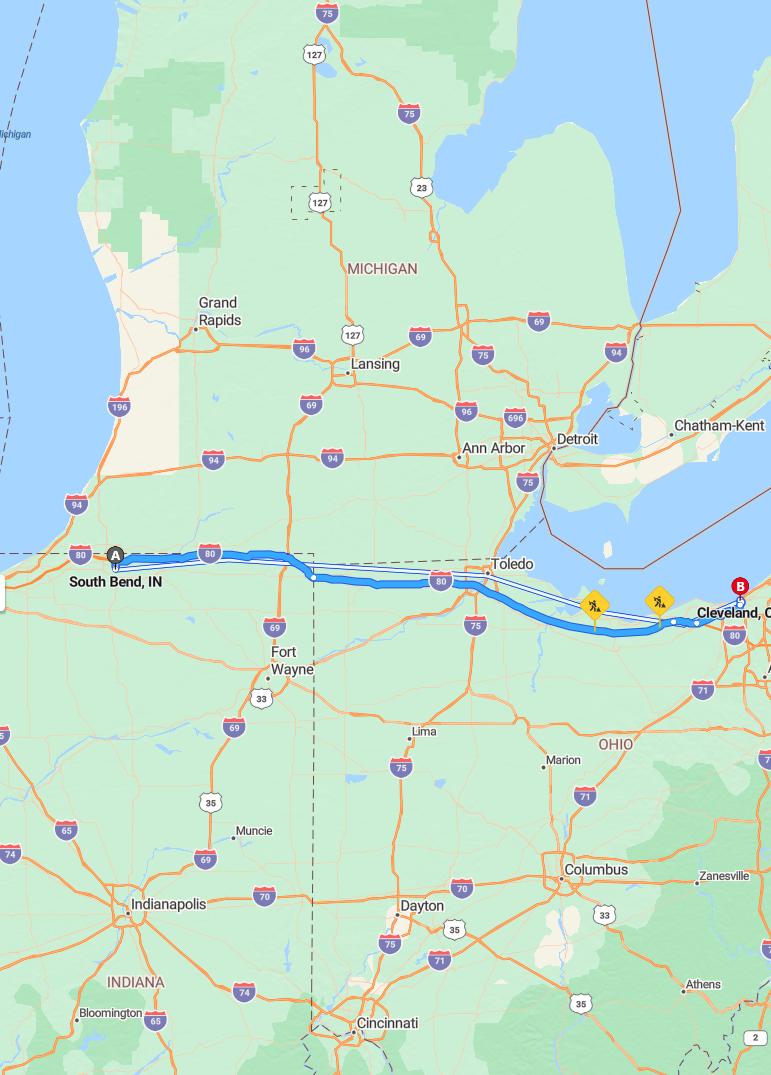 driving from South Bend, Indiana to ClevelandOhio - map and route