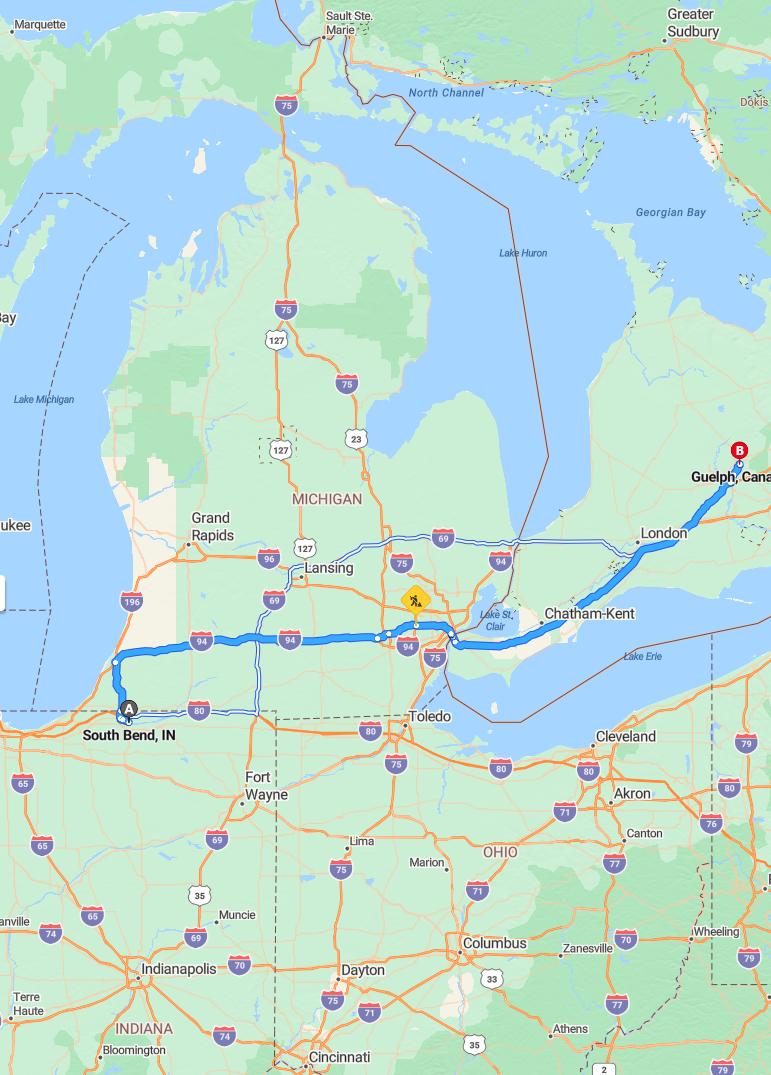 driving from South Bend, Indiana to GuelphOntario - map and route